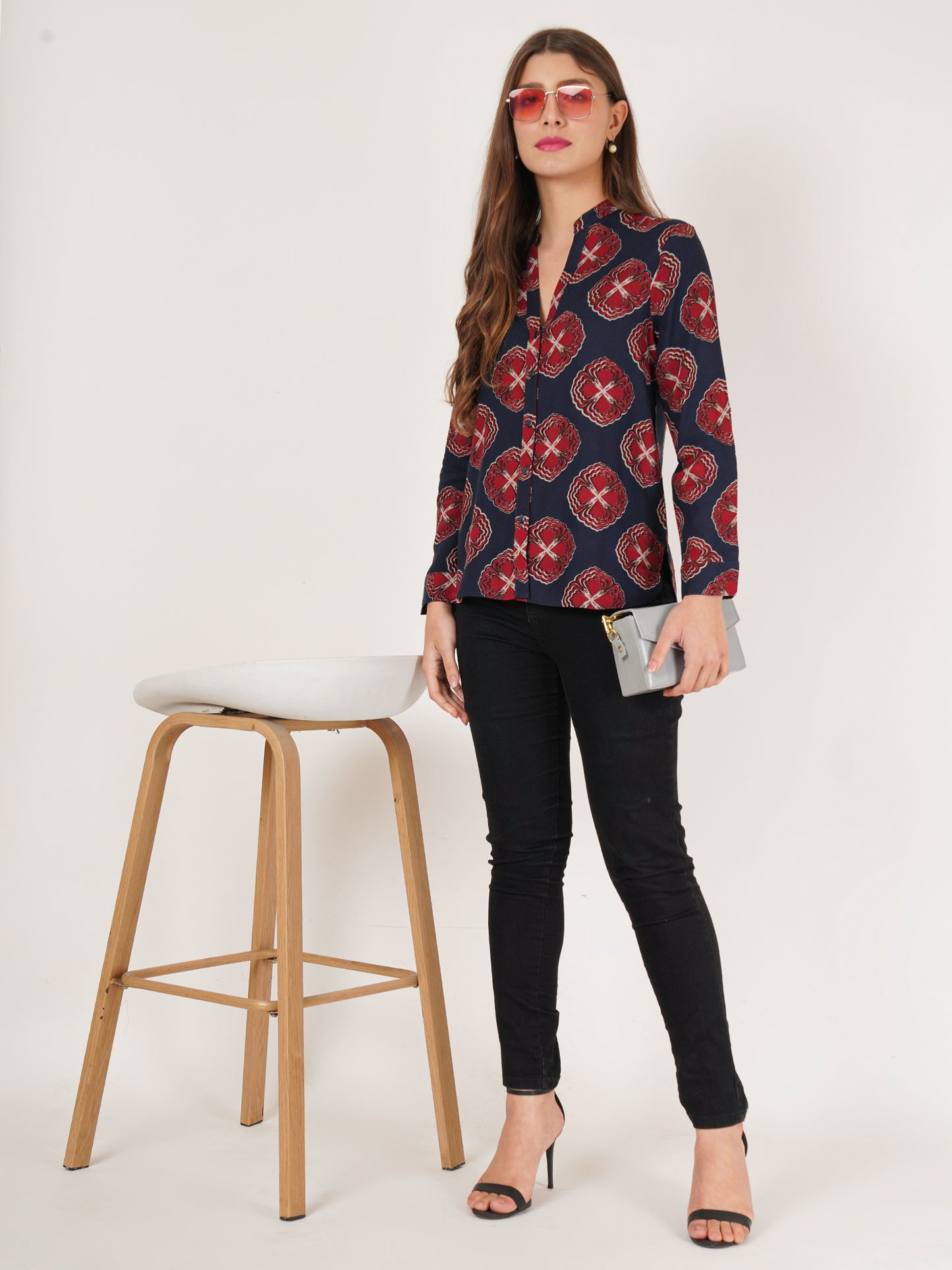 Women Navy Blue & Maroon Floral Print Oversized Shirt Style Top