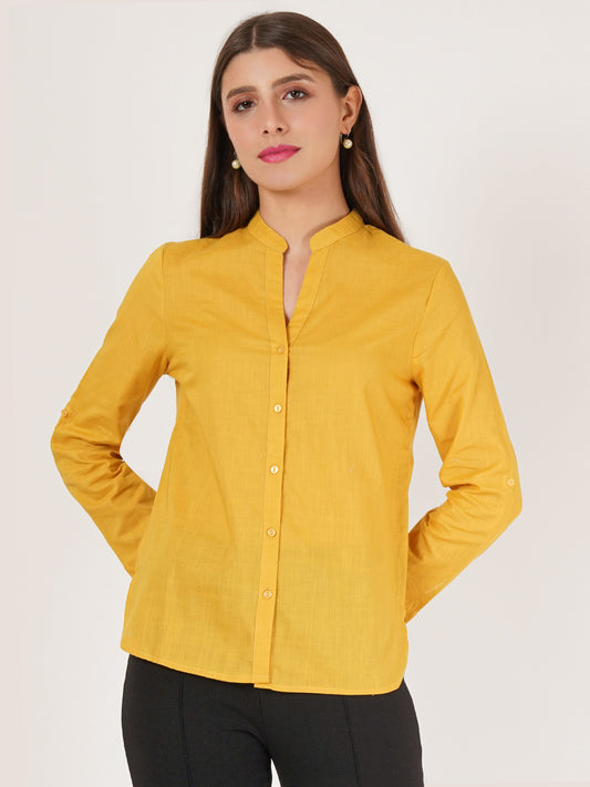 Women Yellow Solid Oversized Shirt Style Top