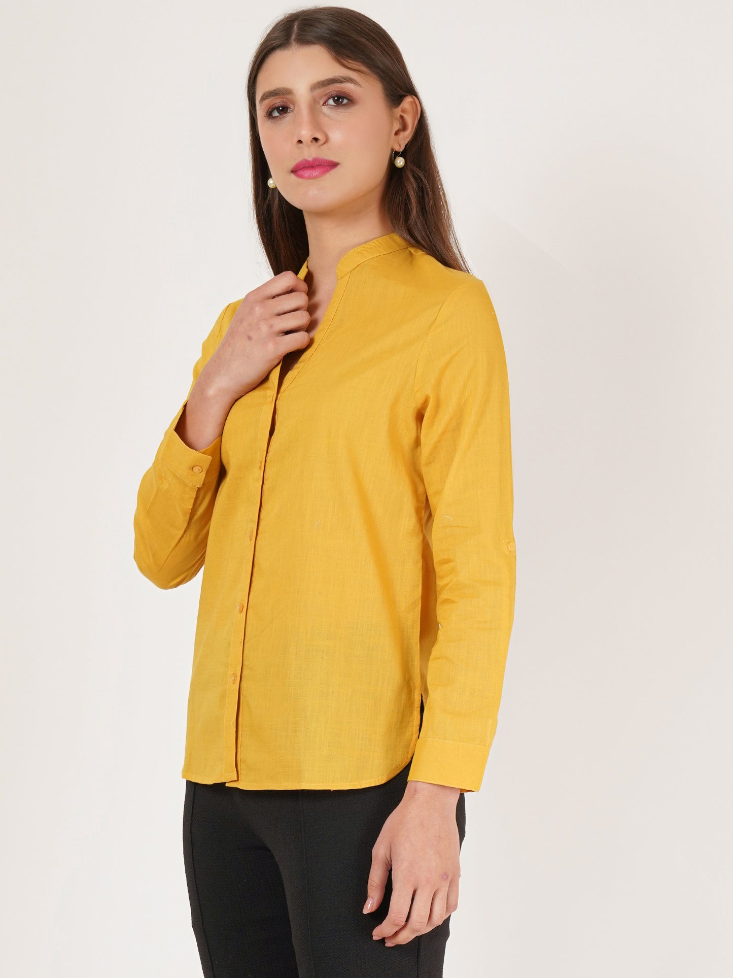 Women Yellow Solid Oversized Shirt Style Top