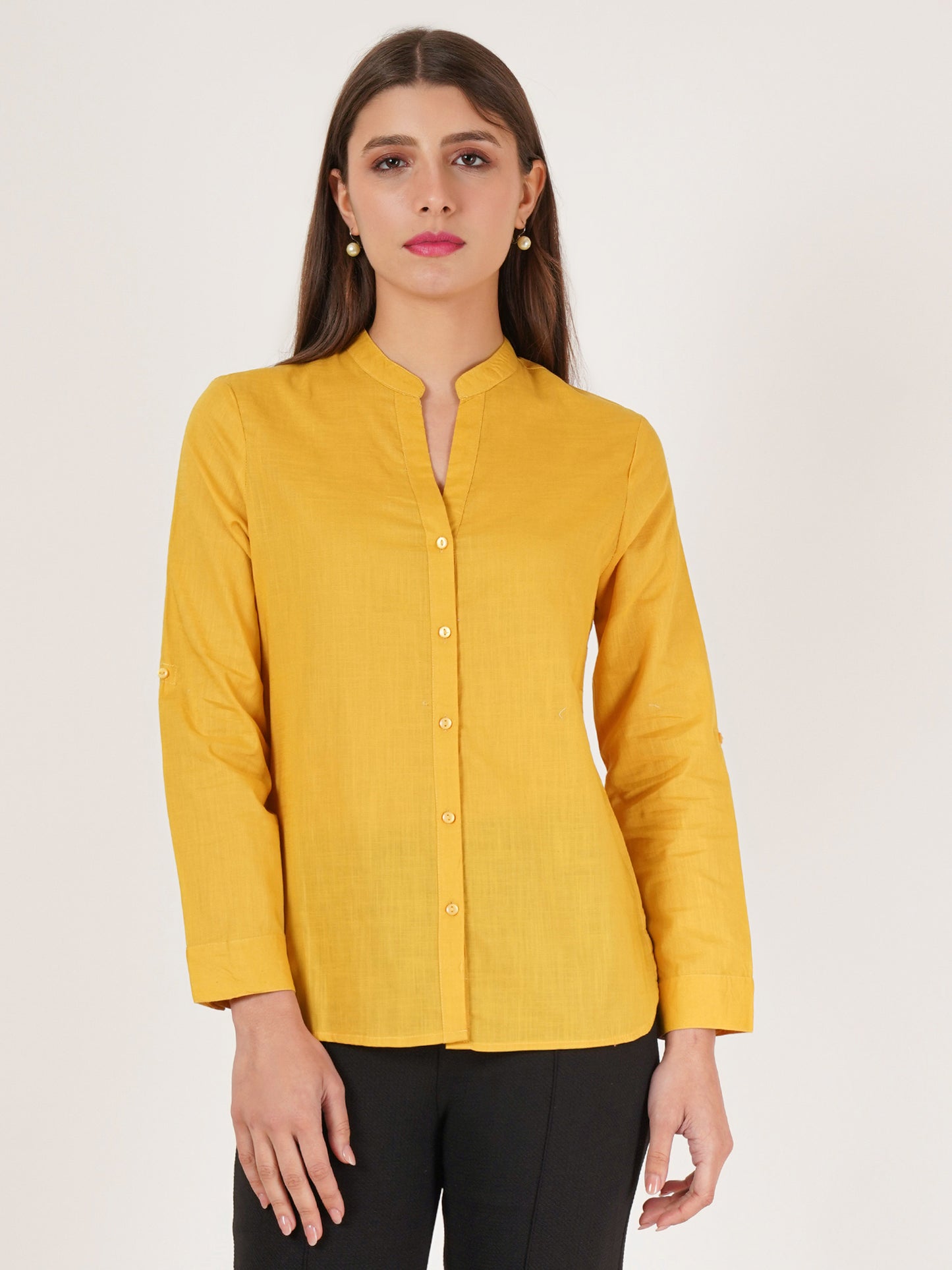 Women Yellow Solid Oversized Shirt Style Top