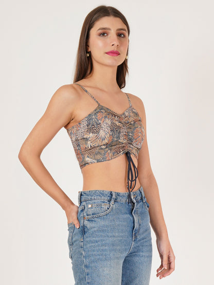 Side View of Women Green & Navy Blue Leaf Print Smocked Crop Top - 9 Impression