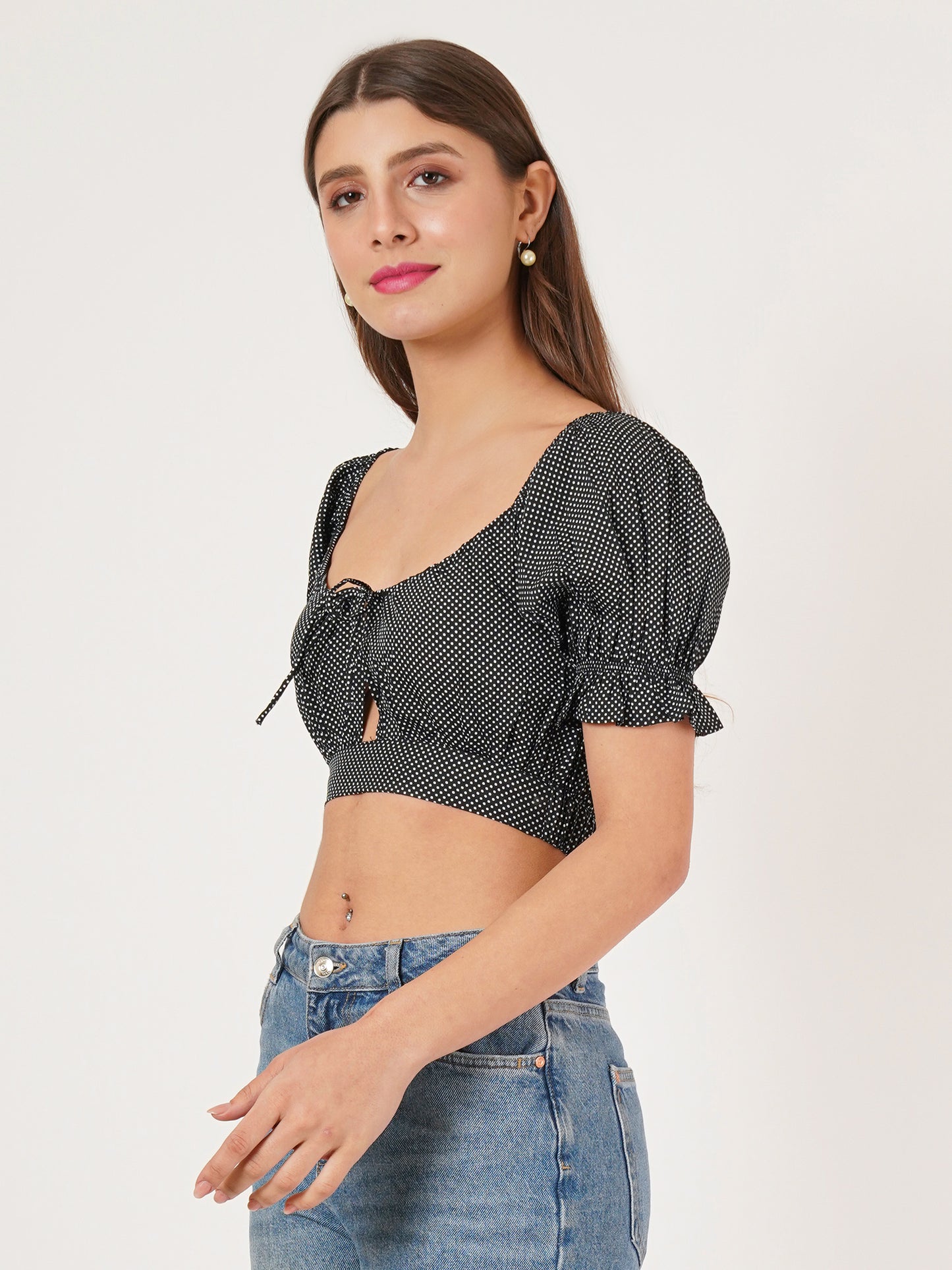 Women Black & White Polka Dot Print Smocked Crop Top