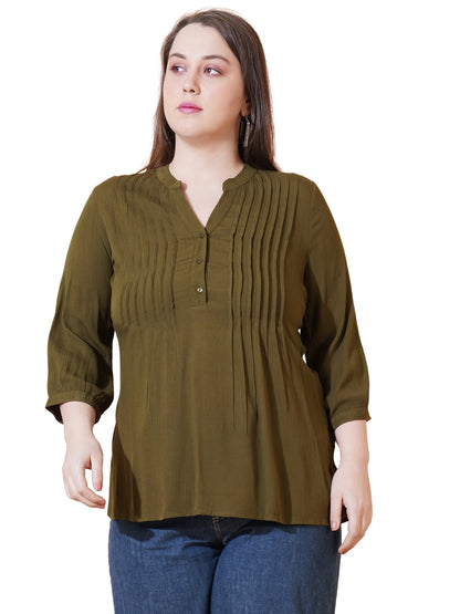 Women Brown Solid Pintuck Plus Size Top