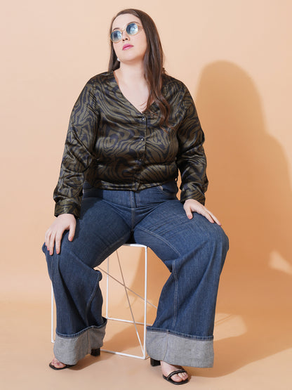 Women Green Animal Print Full Sleeves Regular Top