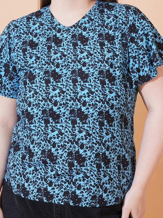 Women Floral Print Short Sleeves Plus Size Top - Close View