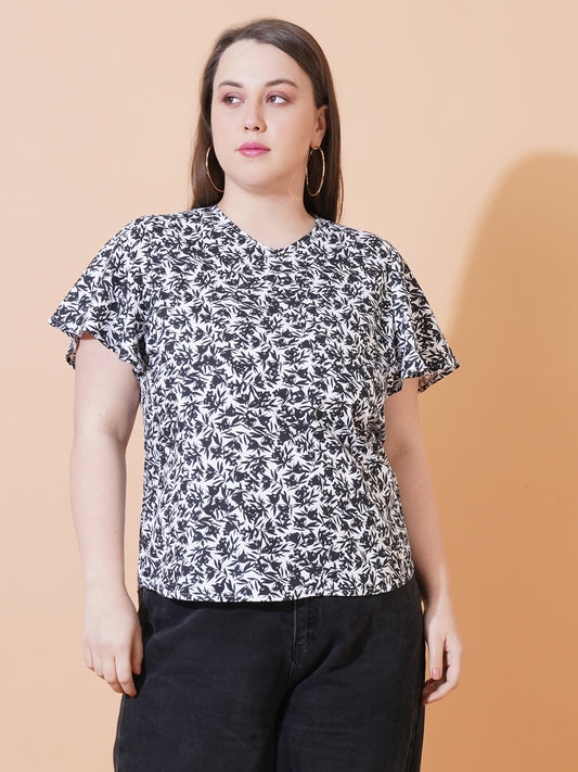 Women Floral Print Short Sleeves Regular Plus Size Top - Front View