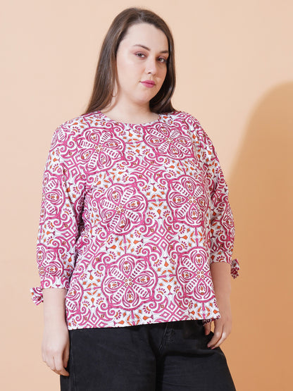 Women Pink & White Paisley Print Regular Plus Size Top - Side View