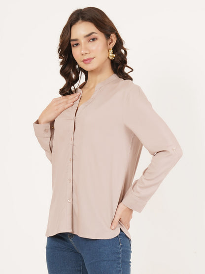 Women Beige Mandarin Collar Cotton Shirt