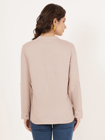 Women Beige Mandarin Collar Cotton Shirt