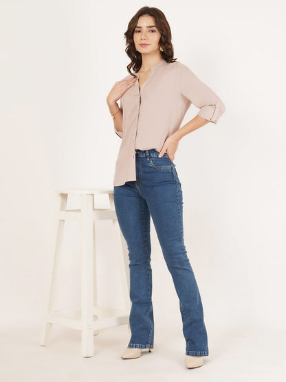 Women Beige Mandarin Collar Cotton Shirt