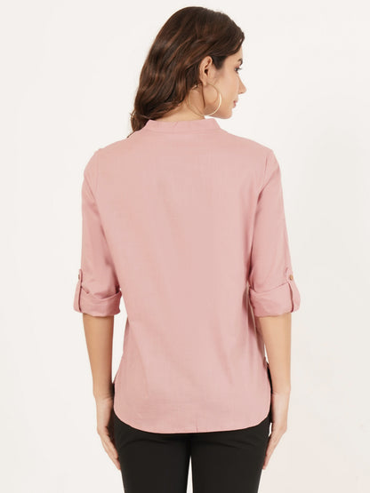 Women Light Pink Mandarin Collar Cotton Shirt