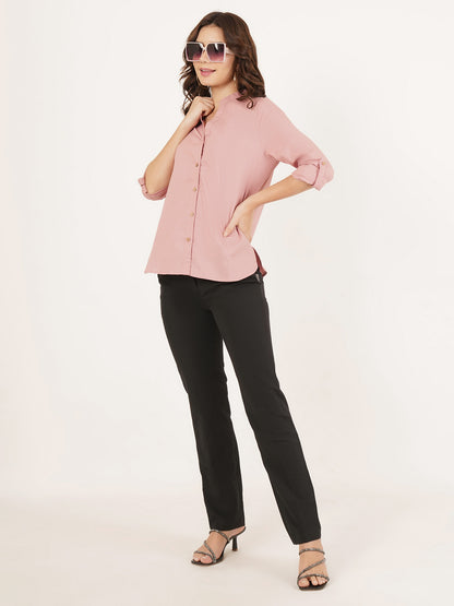 Women Light Pink Mandarin Collar Cotton Shirt