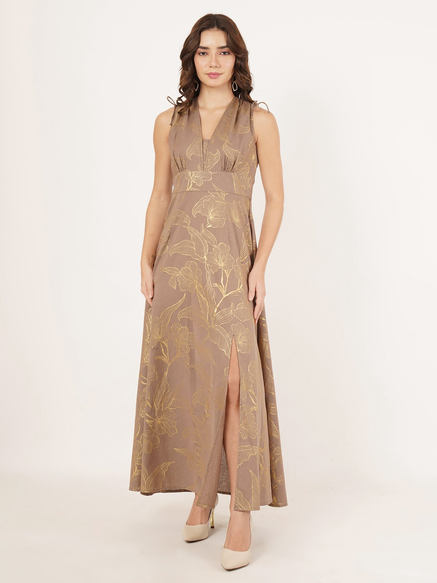 Brown & Gold Color Midi Dress