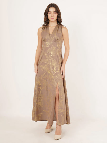 Brown & Gold Color Midi Dress