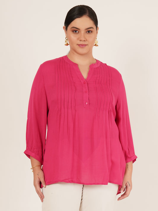Women Bright Pink Mandarin Collar Plus Size Rayon Top