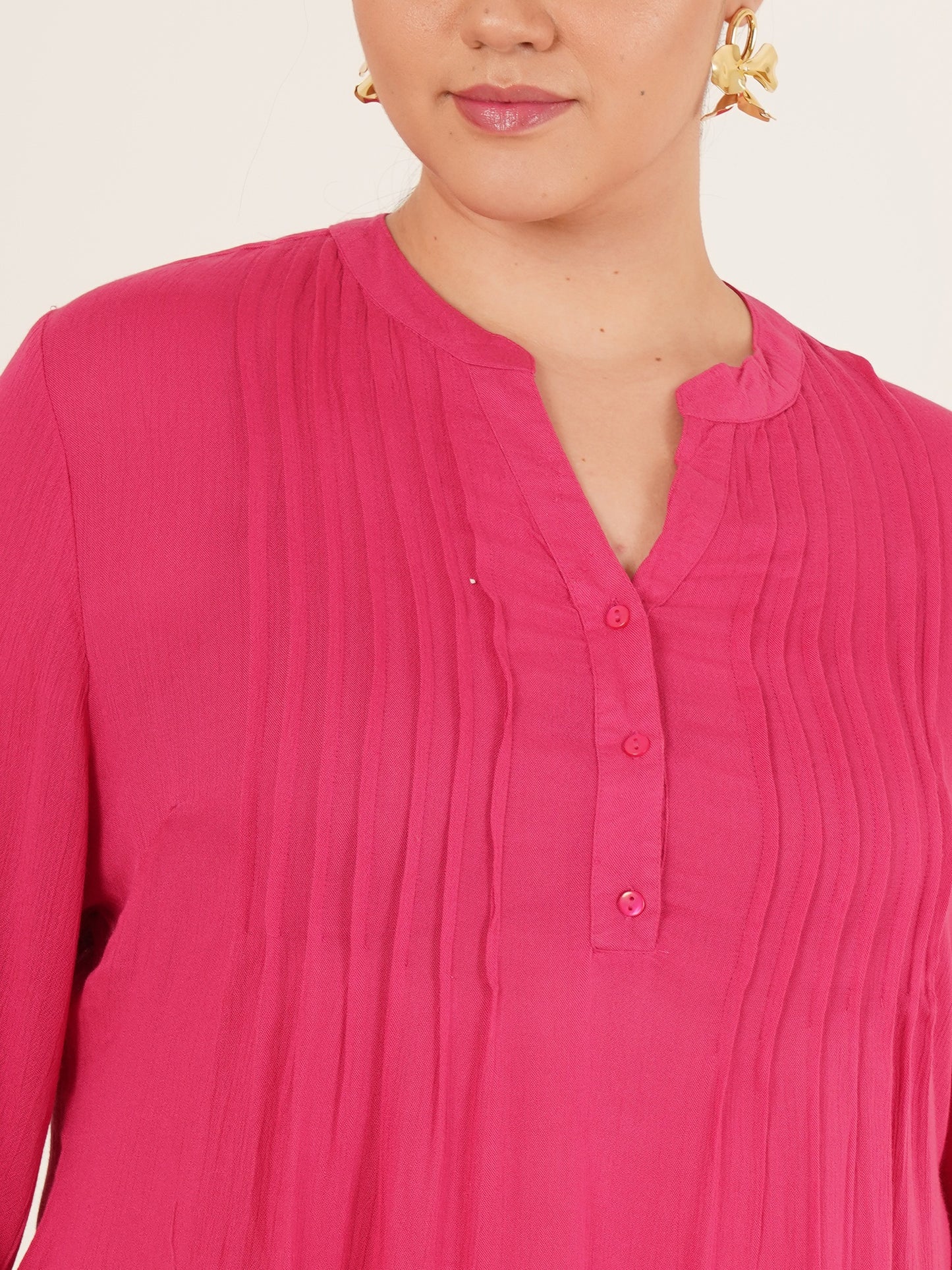 Women Bright Pink Mandarin Collar Plus Size Rayon Top