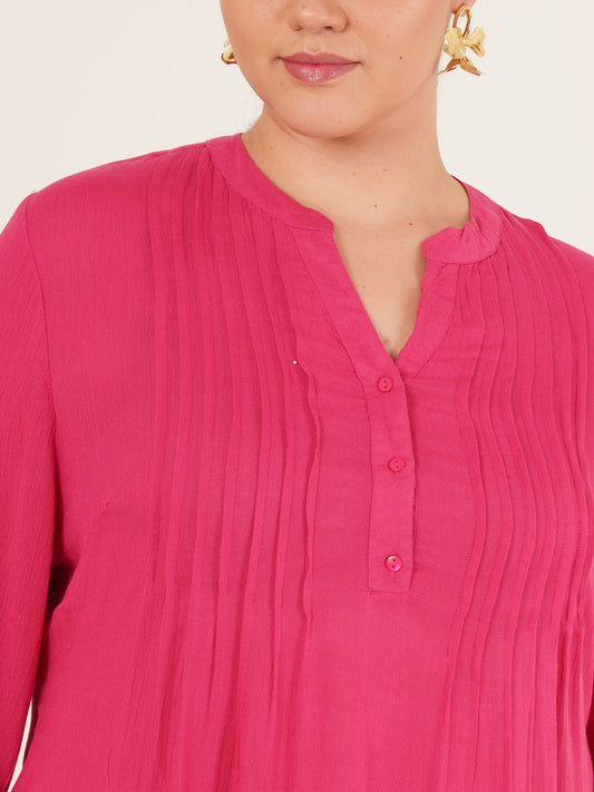 Women Bright Pink Mandarin Collar Plus Size Rayon Top