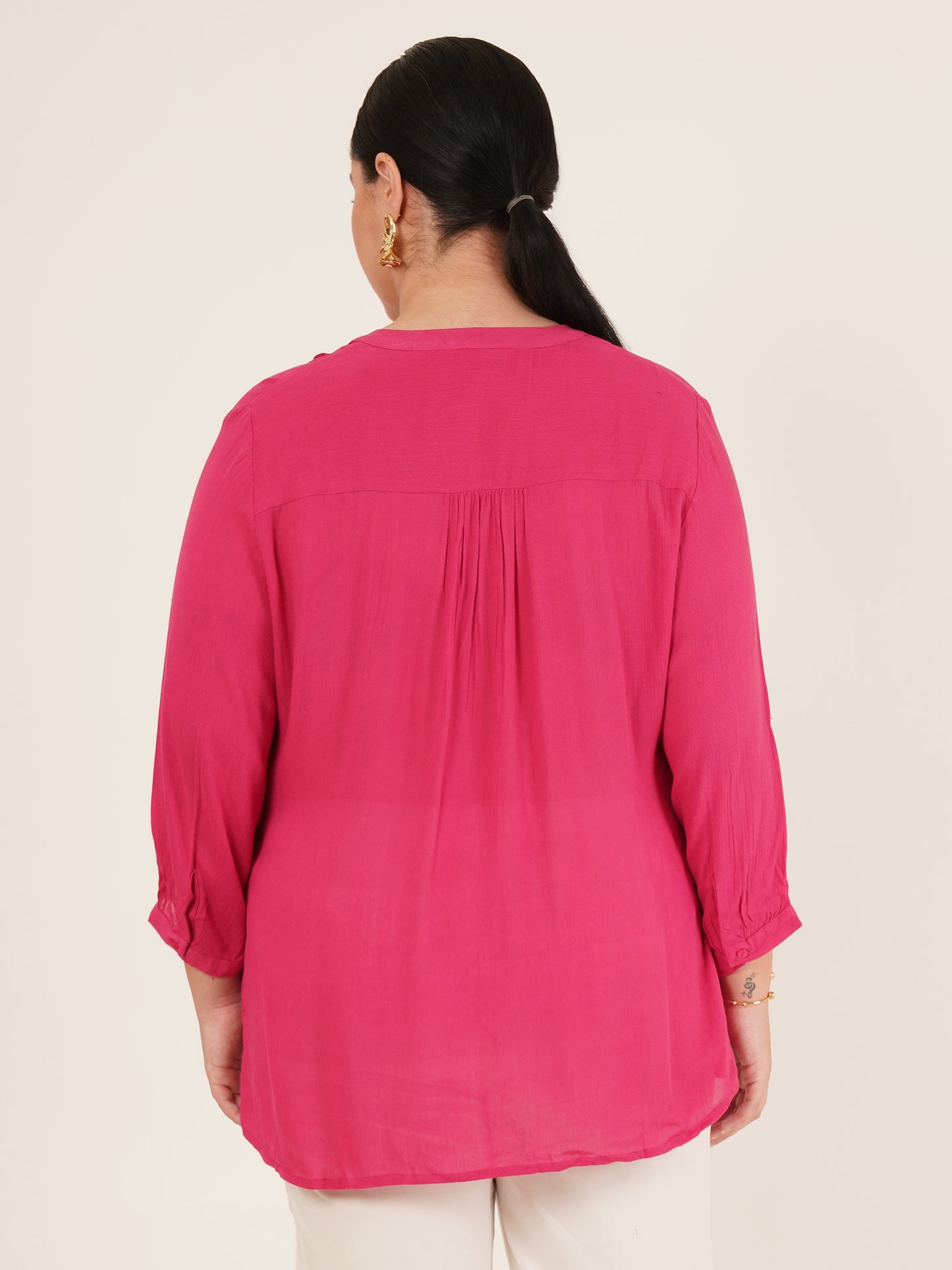 Women Bright Pink Mandarin Collar Plus Size Rayon Top