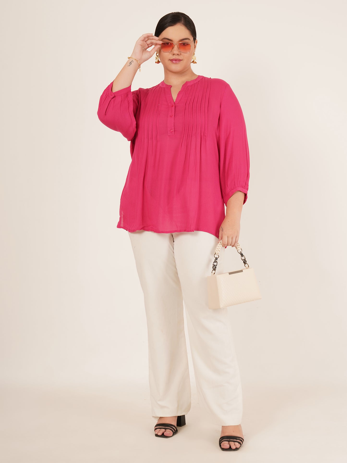 Women Bright Pink Mandarin Collar Plus Size Rayon Top