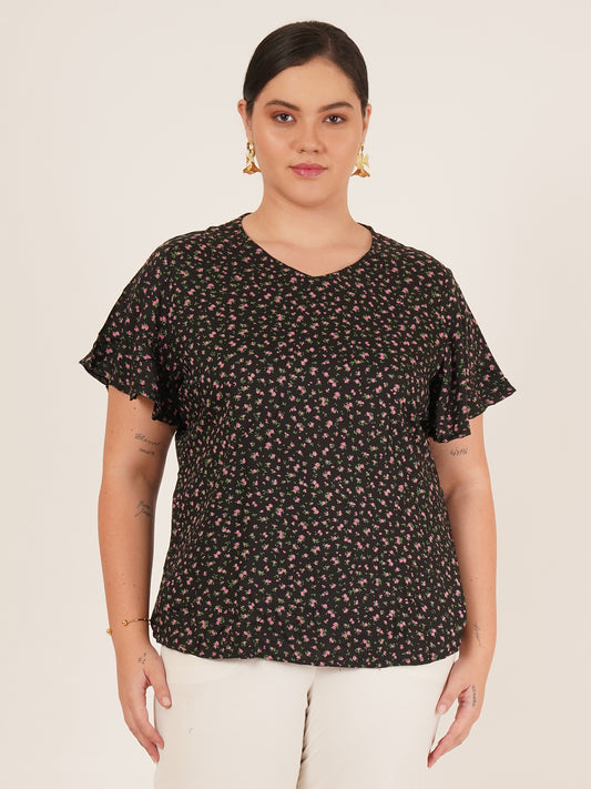 Black & Pink Floral Print Plus Size Women Top