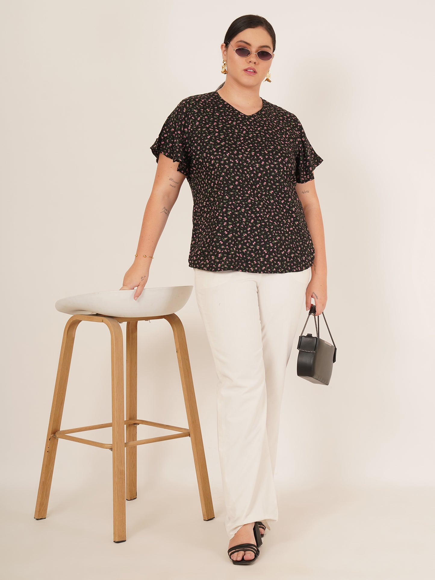 Black & Pink Floral Print Plus Size Women Top
