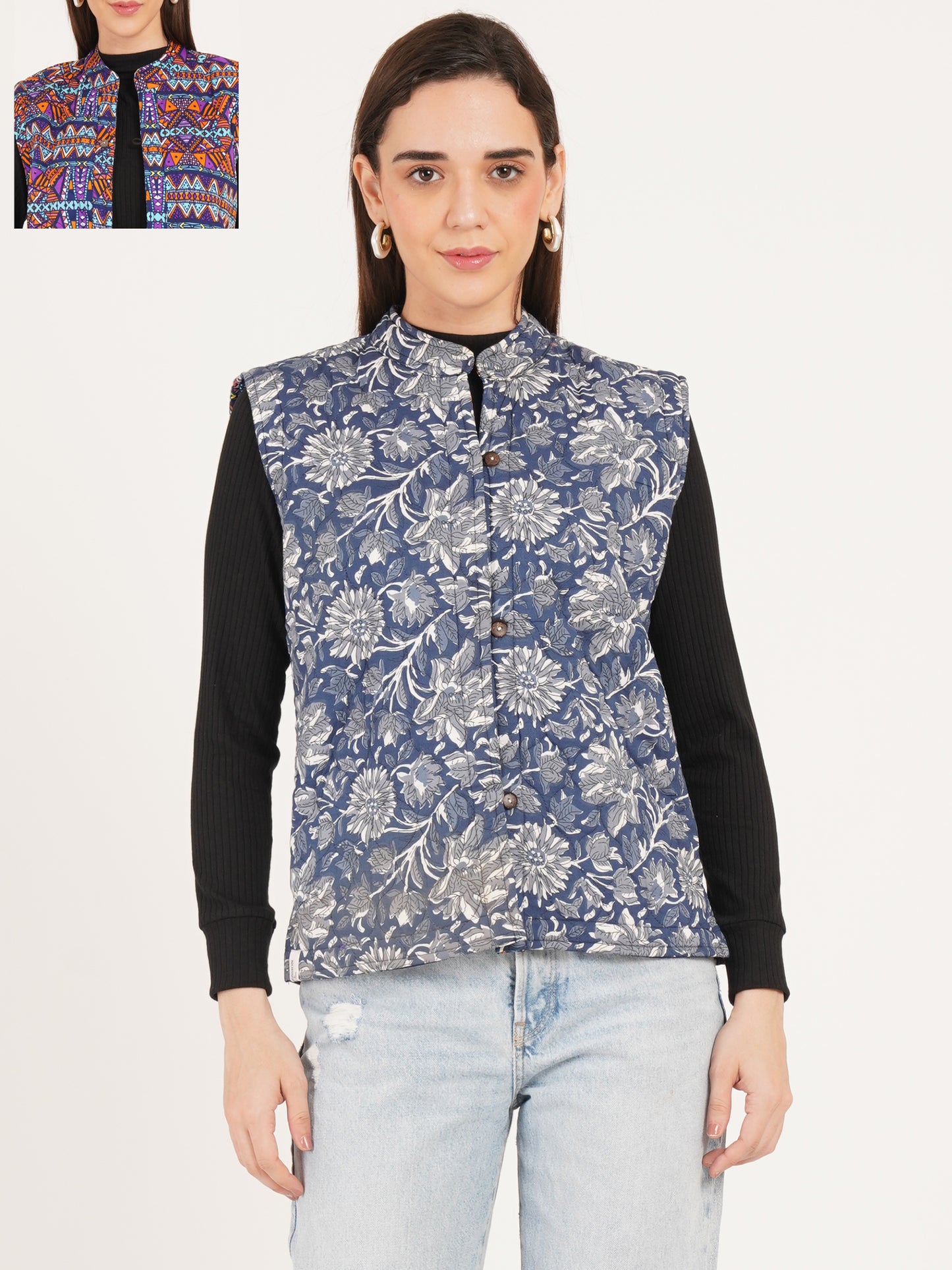 Women Floral Printed Quilted Sleeveless Reversible Jacket