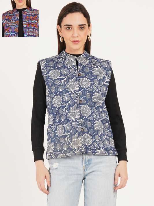 Women Floral Printed Quilted Sleeveless Reversible Jacket