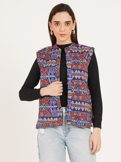 Women Floral Printed Quilted Sleeveless Reversible Jacket