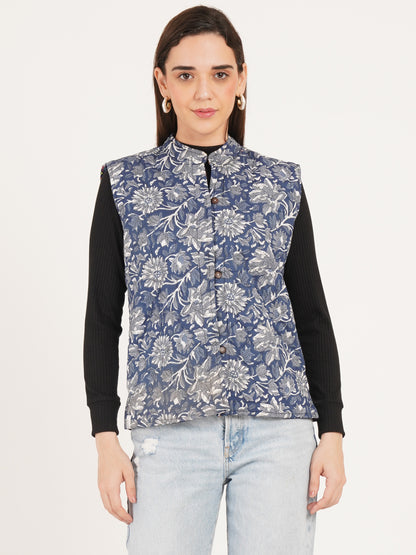 Women Floral Printed Quilted Sleeveless Reversible Jacket