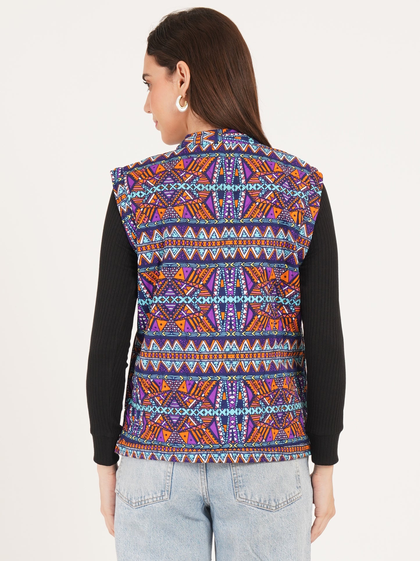 Women Floral Printed Quilted Sleeveless Reversible Jacket