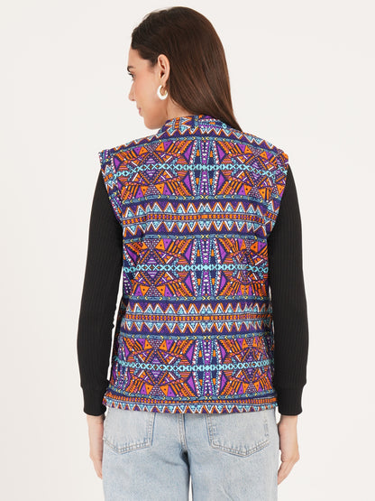 Women Floral Printed Quilted Sleeveless Reversible Jacket