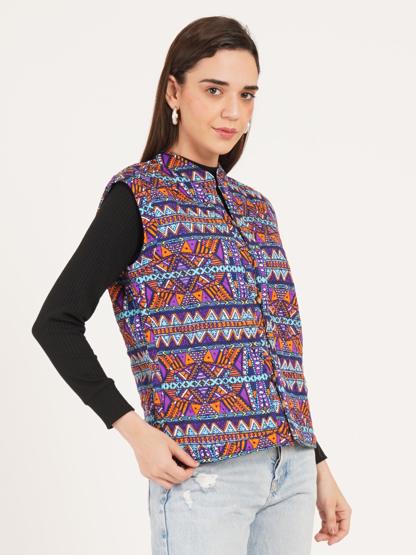 Women Floral Printed Quilted Sleeveless Reversible Jacket