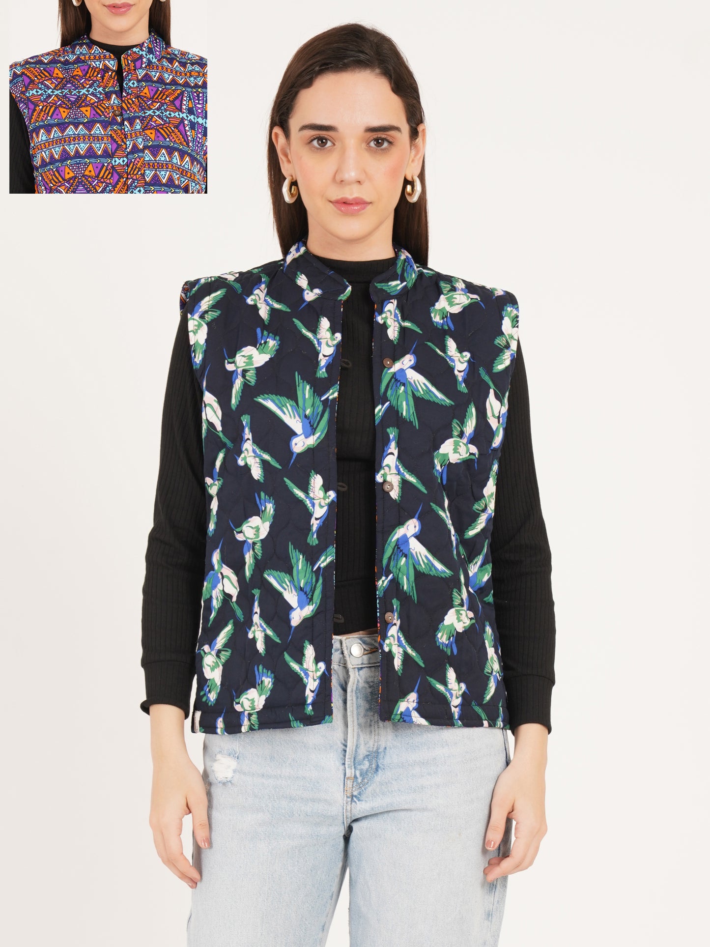 Women Multicolor Printed Woven Design Quilted Reversible Nehru Jacket