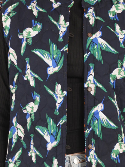 Women Multicolor Printed Woven Design Quilted Reversible Nehru Jacket