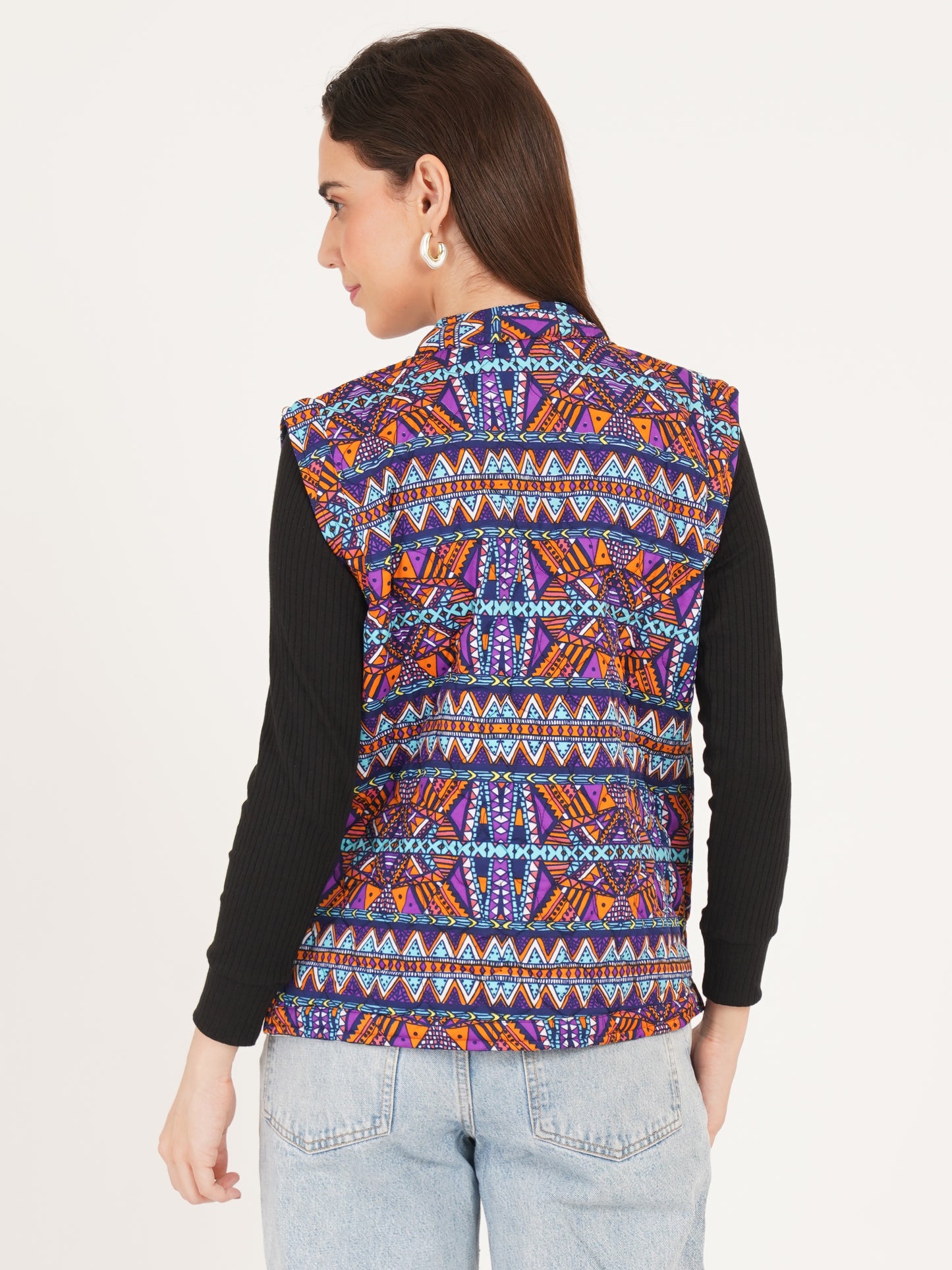 Women Multicolor Printed Woven Design Quilted Reversible Nehru Jacket
