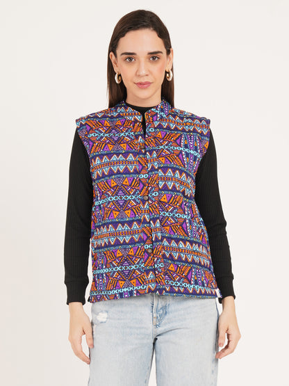 Women Multicolor Printed Woven Design Quilted Reversible Nehru Jacket