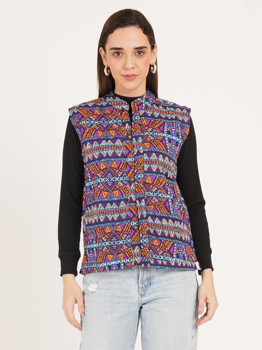 Women Multicolor Printed Woven Design Quilted Reversible Nehru Jacket