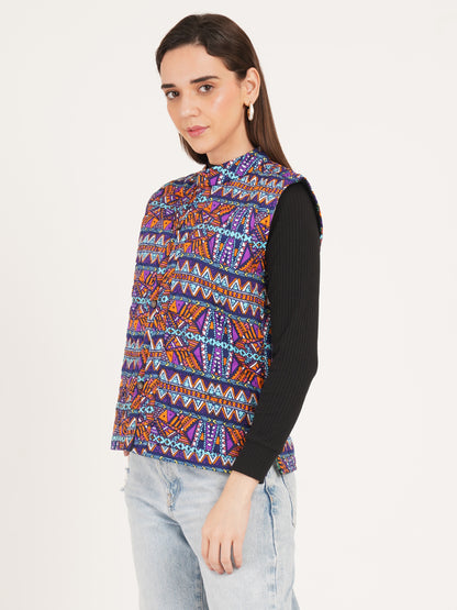 Women Multicolor Printed Woven Design Quilted Reversible Nehru Jacket