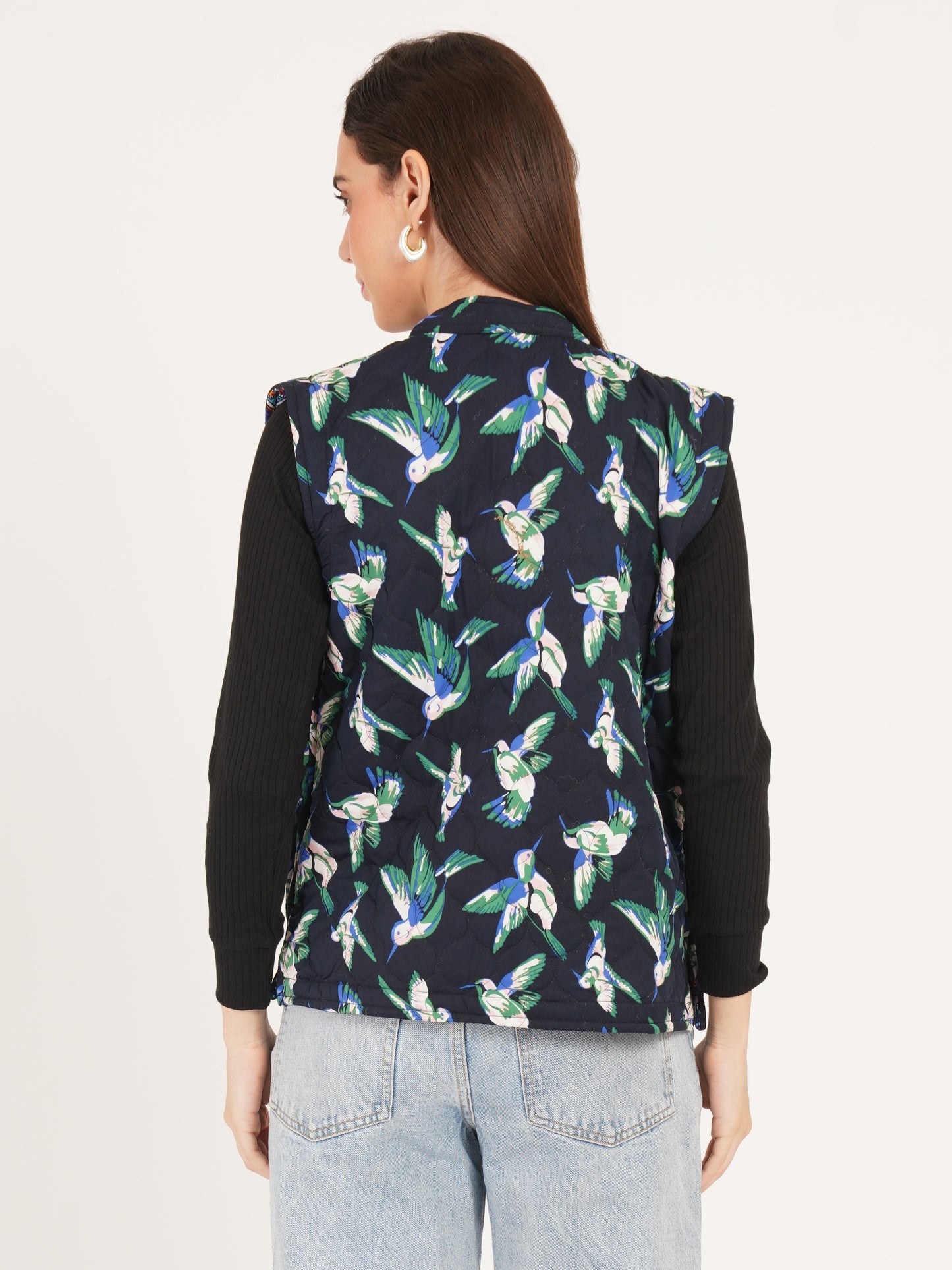 Women Multicolor Printed Woven Design Quilted Reversible Nehru Jacket