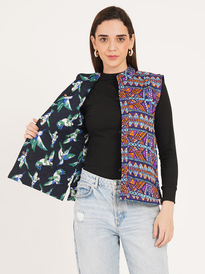 Women Multicolor Printed Woven Design Quilted Reversible Nehru Jacket