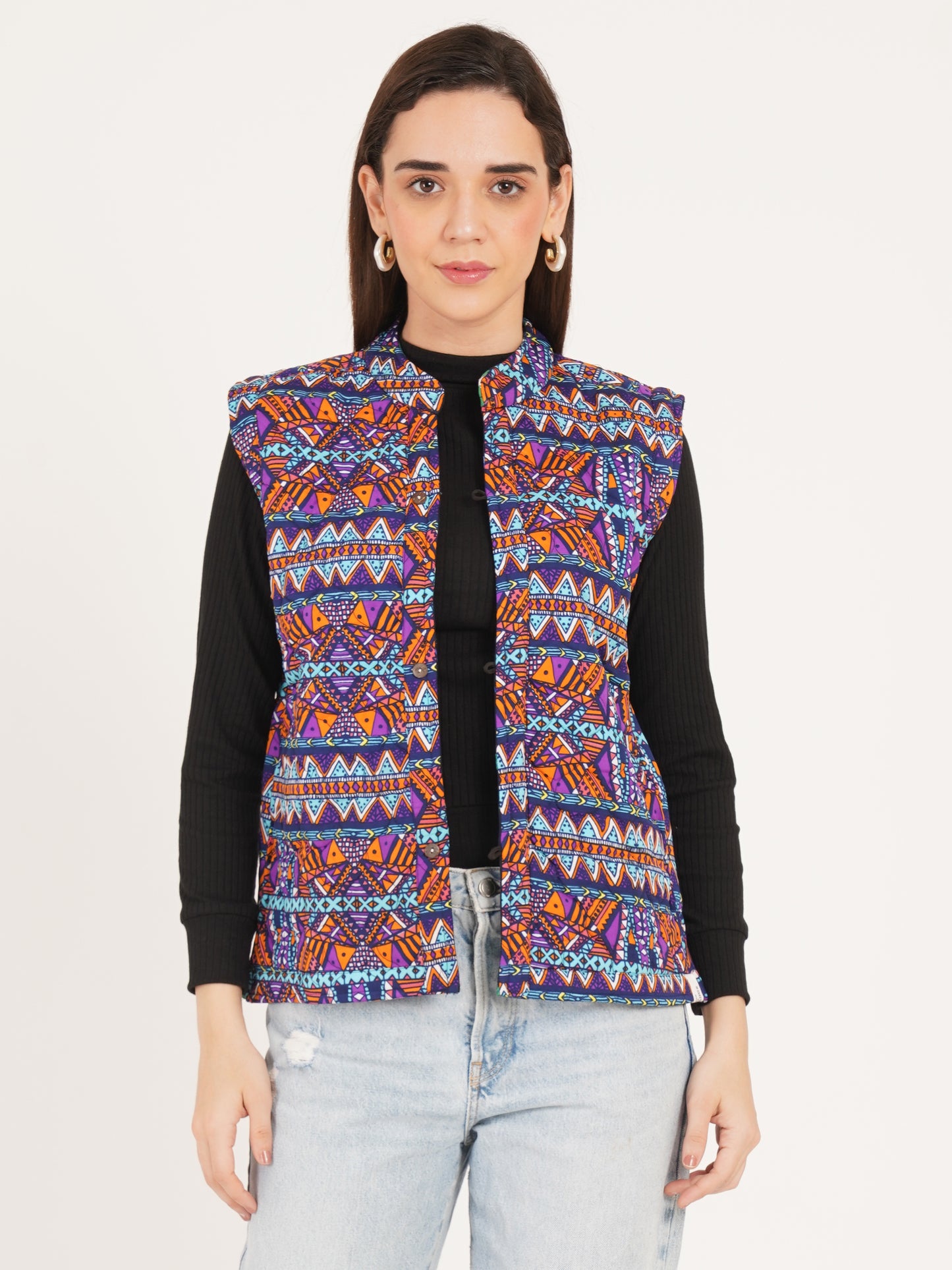 Women Multicolor Printed Woven Design Quilted Reversible Nehru Jacket