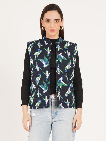 Women Multicolor Printed Woven Design Quilted Reversible Nehru Jacket