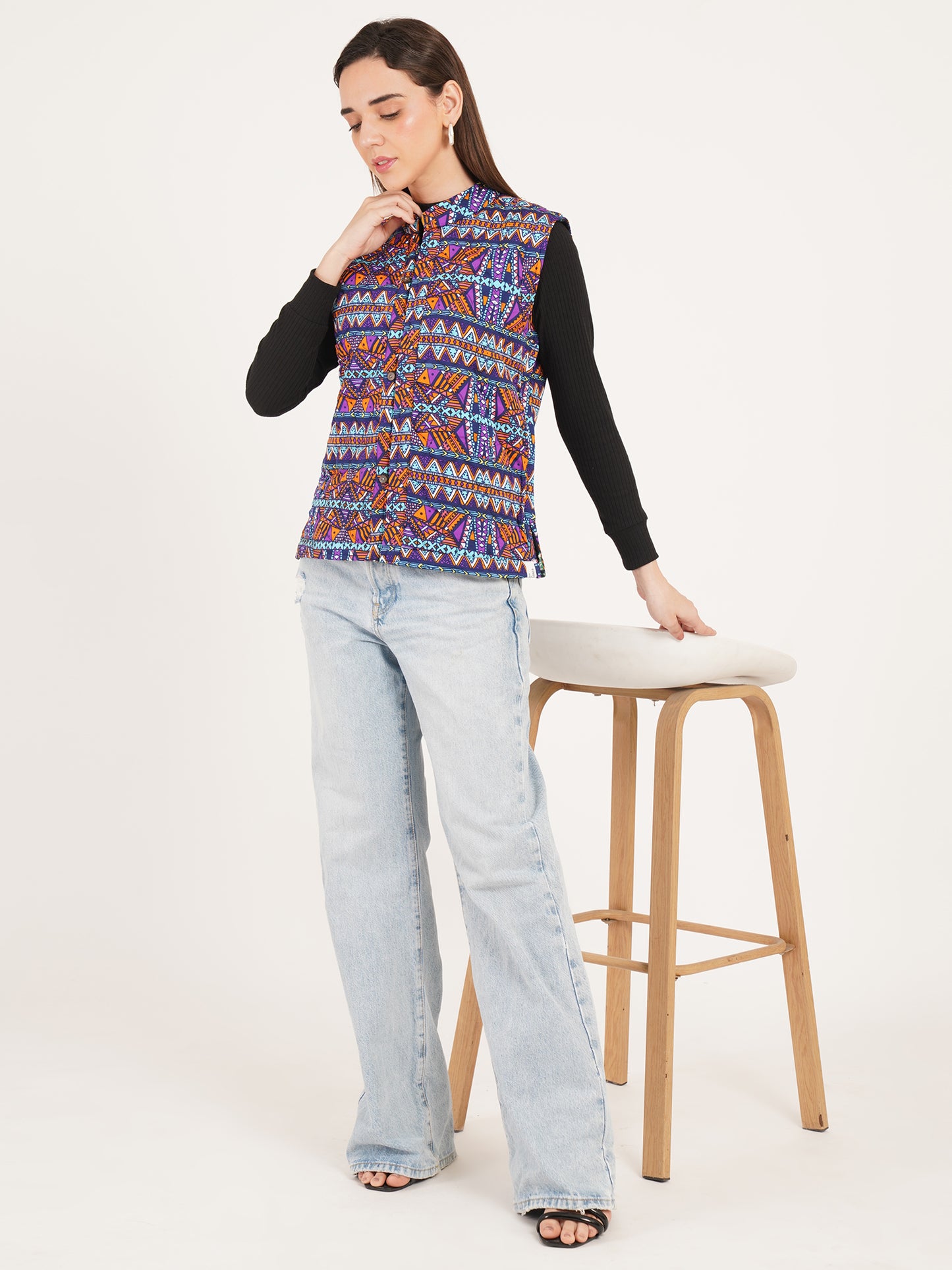 Women Multicolor Printed Woven Design Quilted Reversible Nehru Jacket