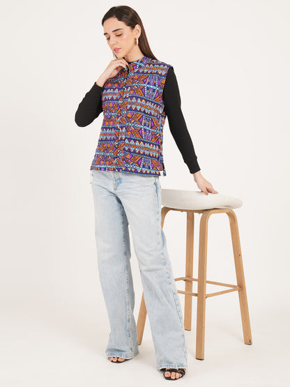 Women Multicolor Printed Woven Design Quilted Reversible Nehru Jacket