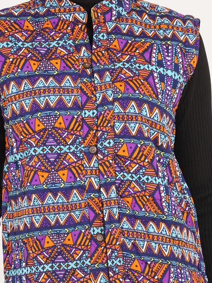 Women Multicolor Printed Woven Design Quilted Reversible Nehru Jacket