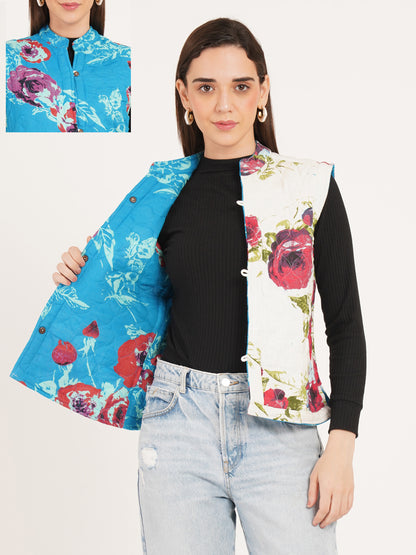 Women Floral Printed Quilted Reversible Jacket