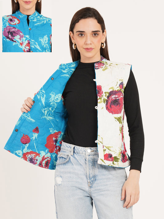 Women Floral Printed Quilted Reversible Jacket