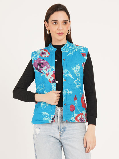 Women Floral Printed Quilted Reversible Jacket