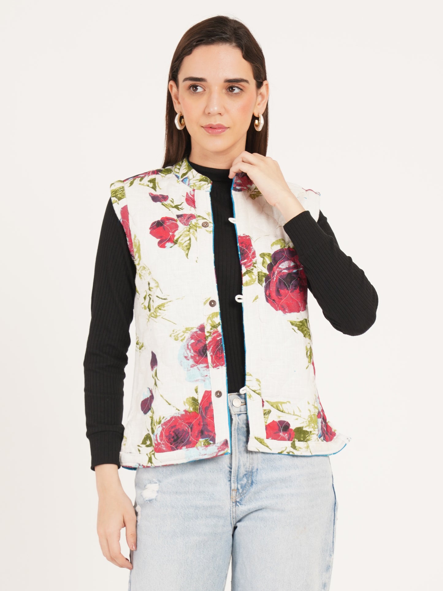 Women Floral Printed Quilted Reversible Jacket