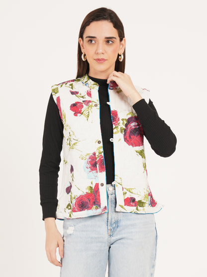 Women Floral Printed Quilted Reversible Jacket